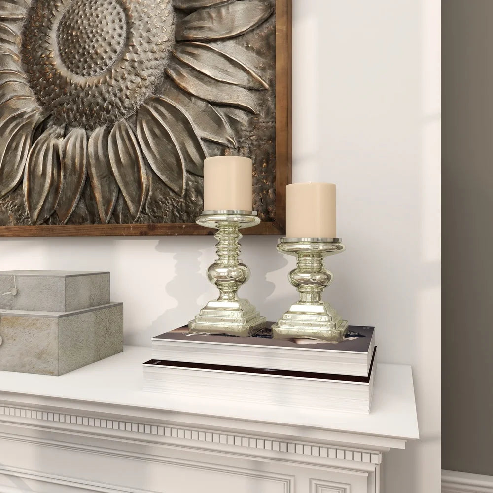 Silver Glass Handmade Pillar Candle Holder Set of 2