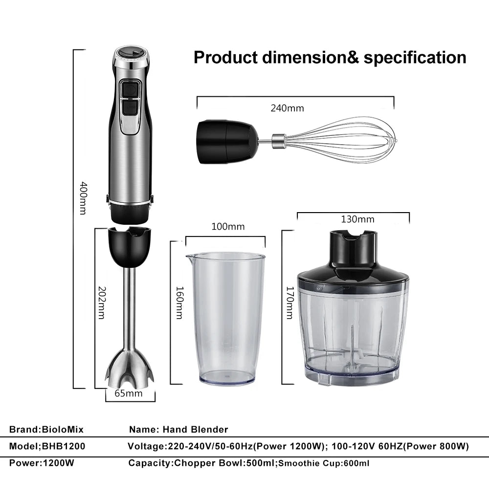 BioloMix 4 in 1 High Power 1200W Immersion Hand Stick Blender Stainless Steel Ice Blades