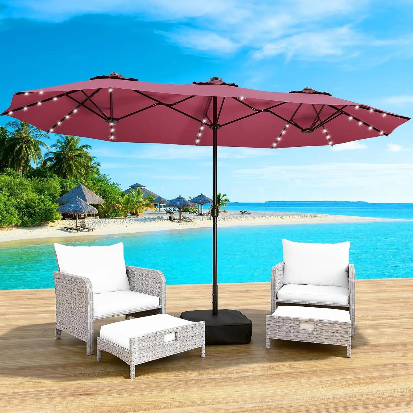LEVELEVE 15 Foot Large Patio Patio Umbrella with Base & Solar LED Lights
