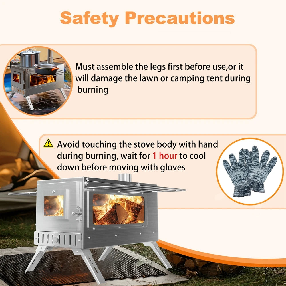 Portable Wood Burning Stainless Steel Stove with 7 Chimney Pipes