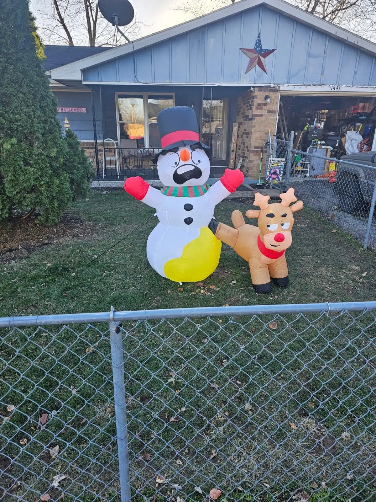6.6 FT Long Christmas Inflatable Decoration Reindeer Peeing on Snowman with Build-in LED