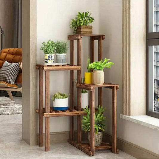 6 Tier Wooden Shelf Indoor Outdoor Corner Plant Stand