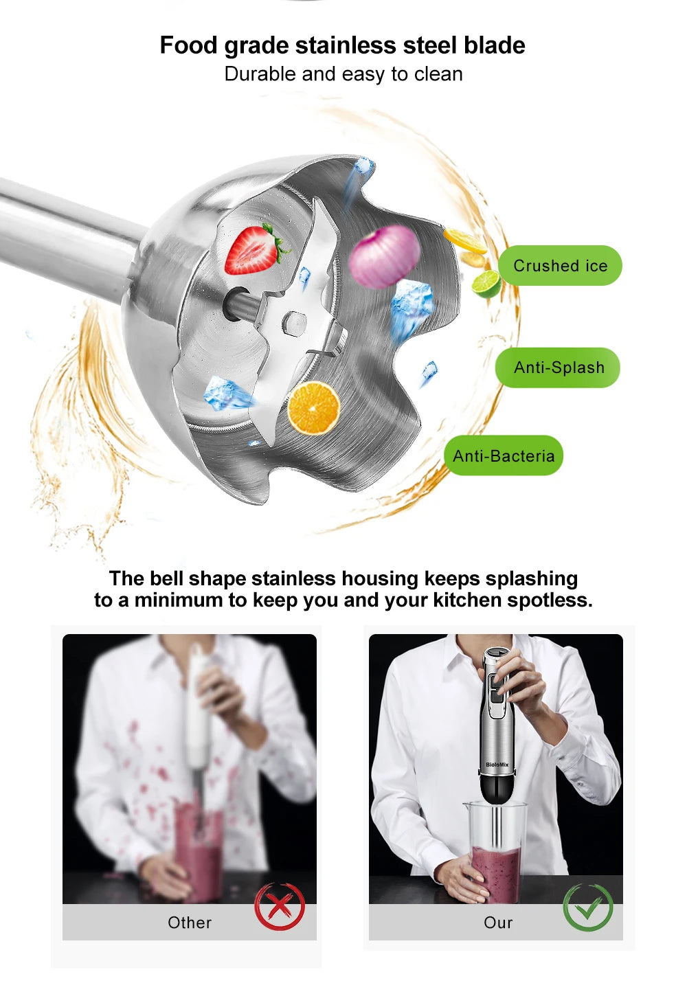 BioloMix 4 in 1 High Power 1200W Immersion Hand Stick Blender Stainless Steel Ice Blades