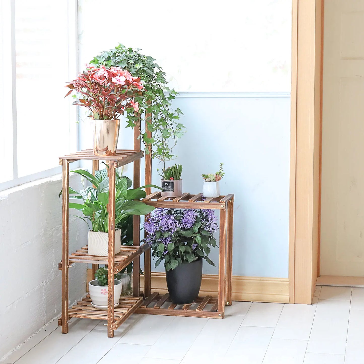 6 Tier Wooden Shelf Indoor Outdoor Corner Plant Stand