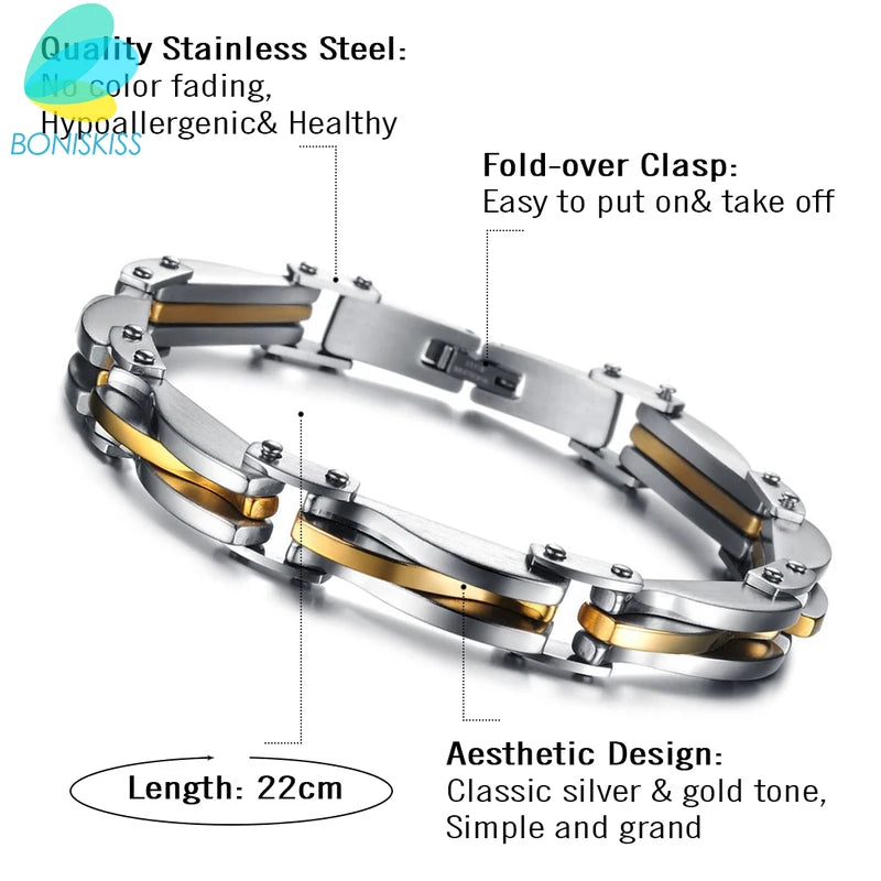 BONISKISS Men Stainless Steel Two Tone Rhombus Cool Link Bangle Bracelet