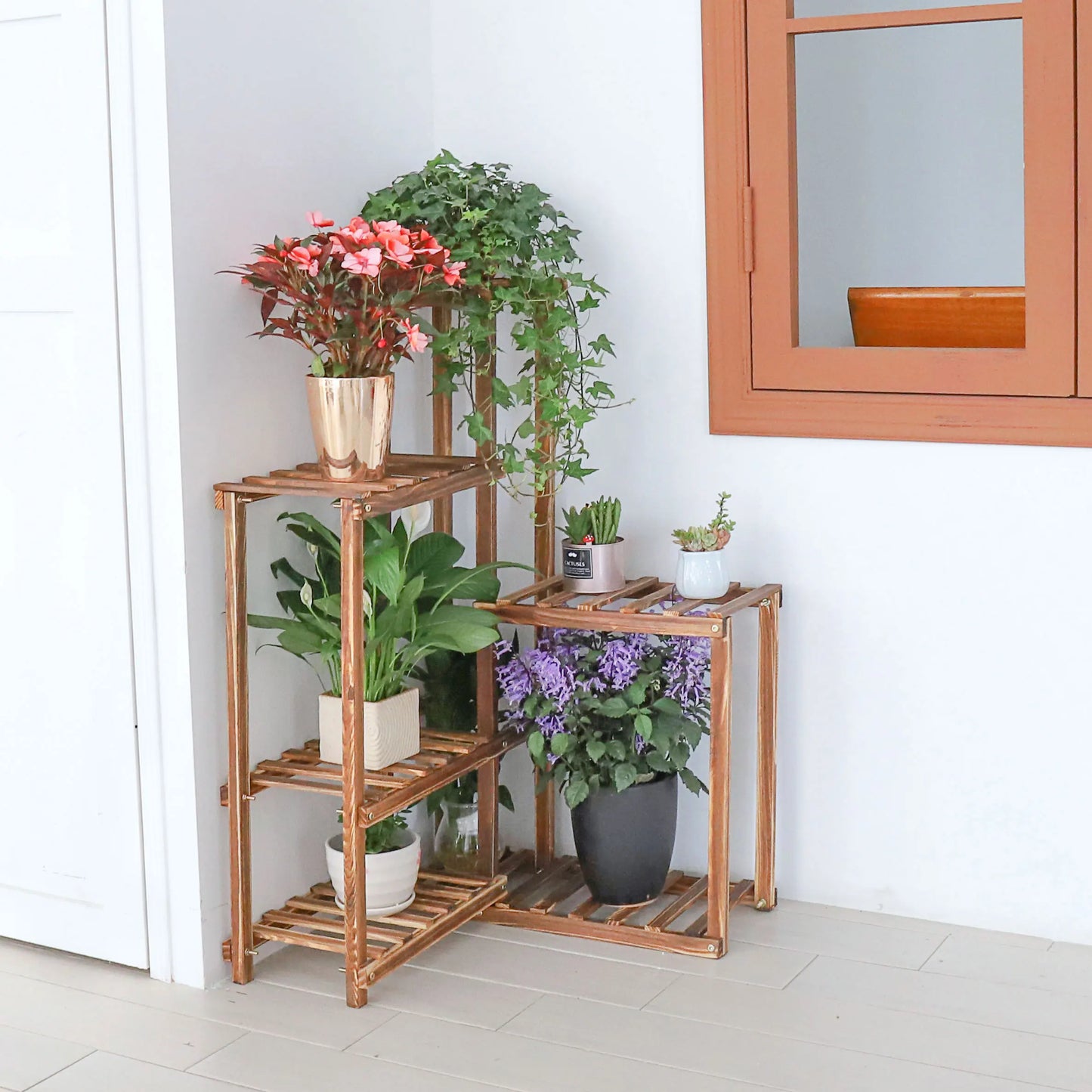 6 Tier Wooden Shelf Indoor Outdoor Corner Plant Stand