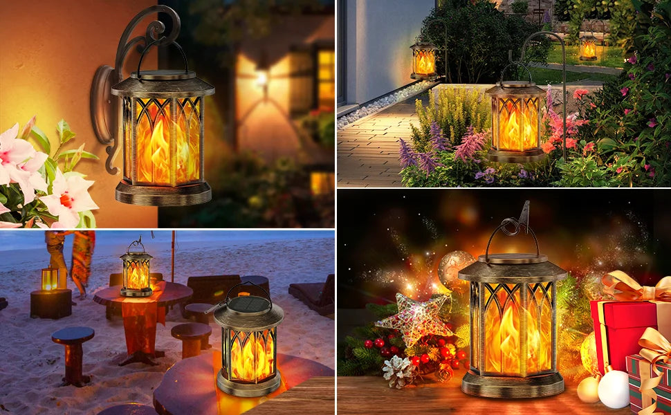 2 Pack Flickering Flame Solar Lanterns for Garden and Patio