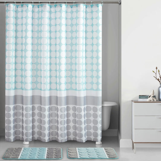 Blue Track Print Shower Curtain and Rugs Set