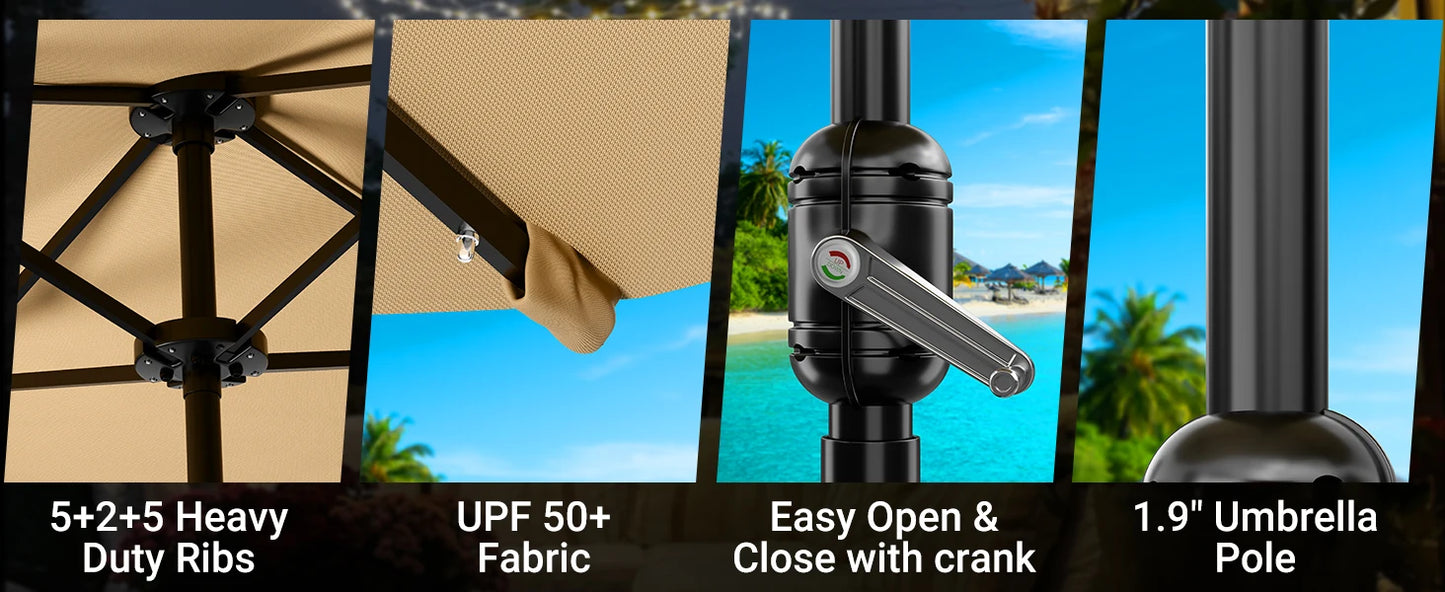 LEVELEVE 15 Foot Large Patio Patio Umbrella with Base & Solar LED Lights