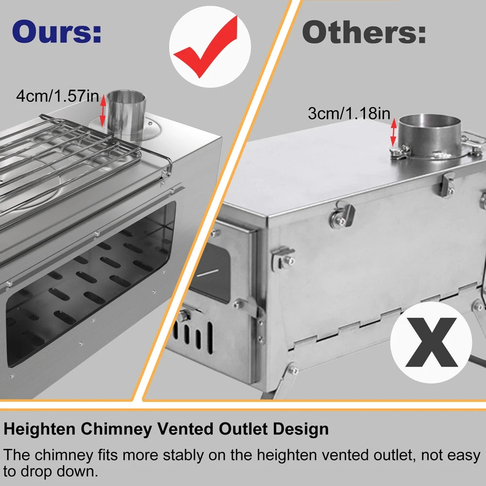 Portable Wood Burning Stainless Steel Stove with 7 Chimney Pipes