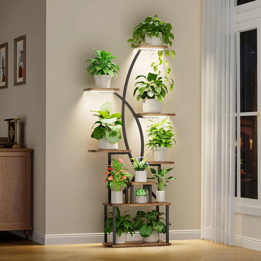 65 Inch Tall 8-Tier Indoor Plant Stand with Grow Lights and Wall Anchor for Safety