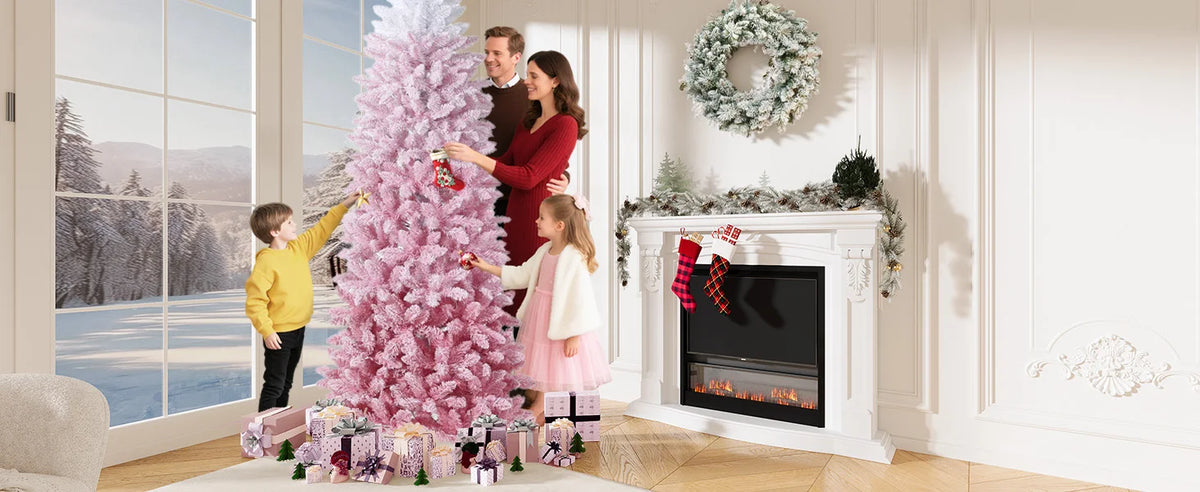 6ft or 7ft Pre-Lit Rose Gold Christmas Tree – Artificial Slim Pencil Tree with Realistic Branch Tips