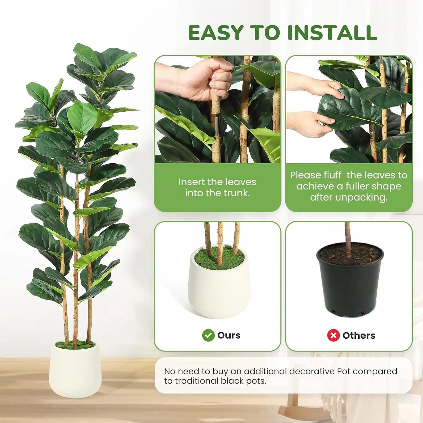 5 or 7FT Artificial Fiddle Leaf Fig Tree with Pot