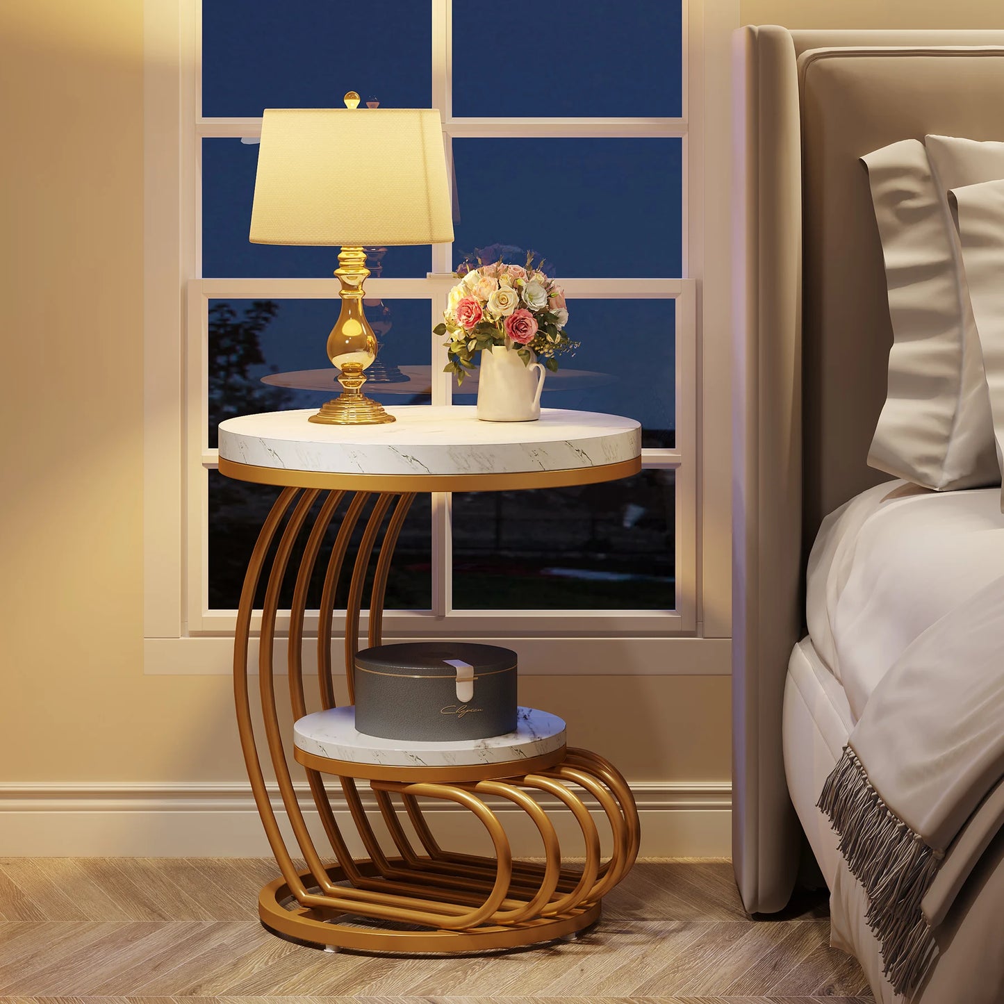 Tribesigns Gold Round End Table: 2 Tiers Faux Marble