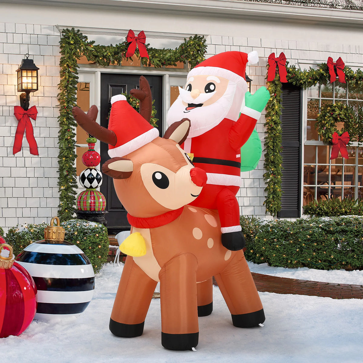 7FT Giant Santa Claus Riding Reindeer with Built-in Bright LED Lights Self Inflating