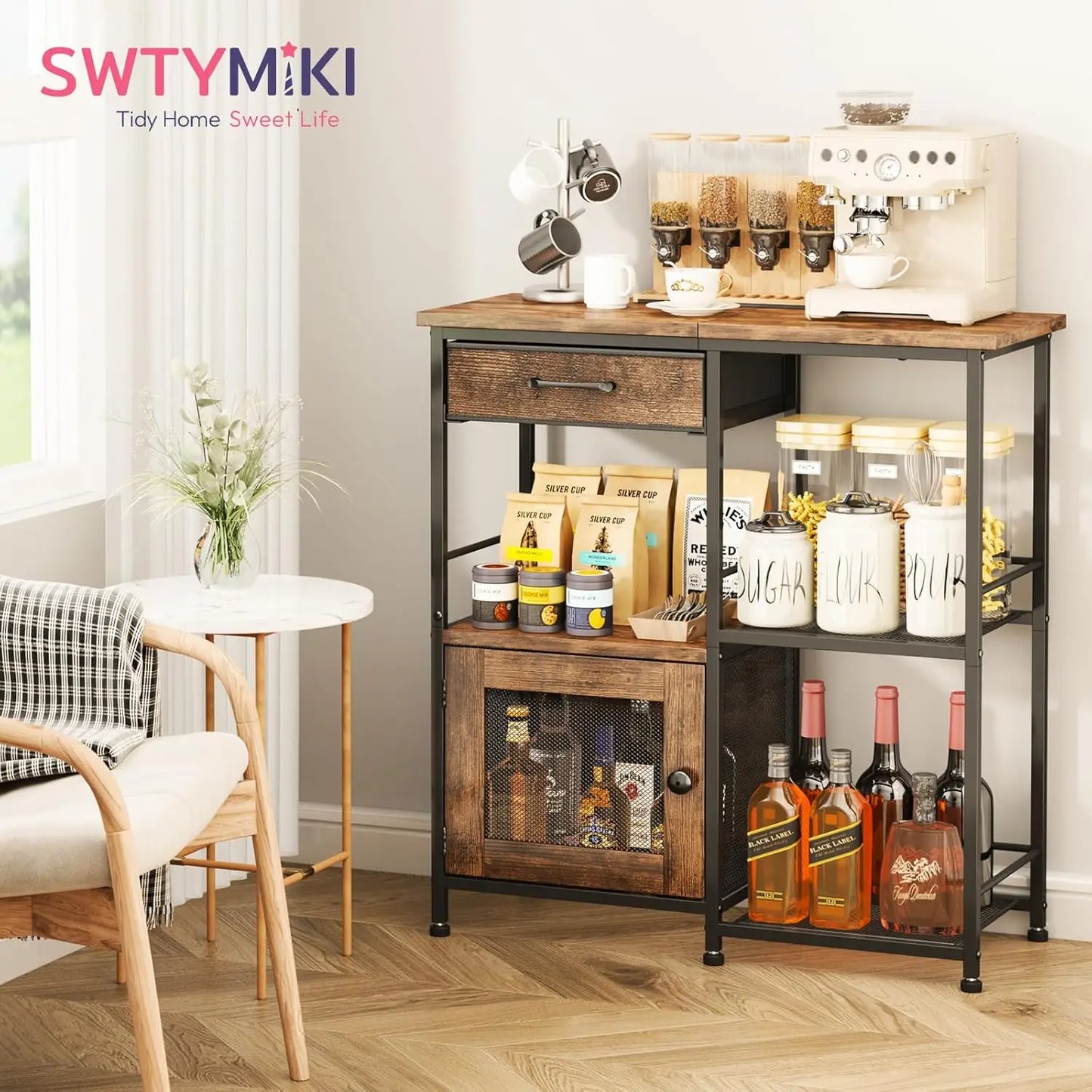 Farmhouse Coffee Bar with Drawers For Small Space