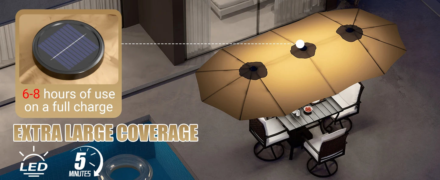 LEVELEVE 15 Foot Large Patio Patio Umbrella with Base & Solar LED Lights