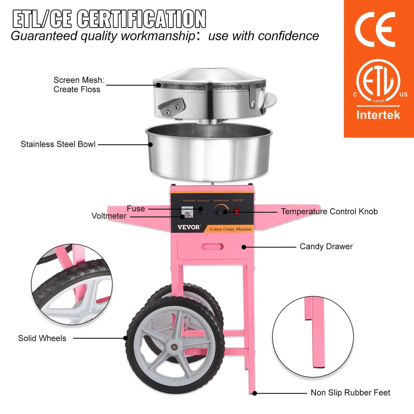 SucceBuy Electric Cotton Candy Machine with Cart and Stainless Steel Bowl