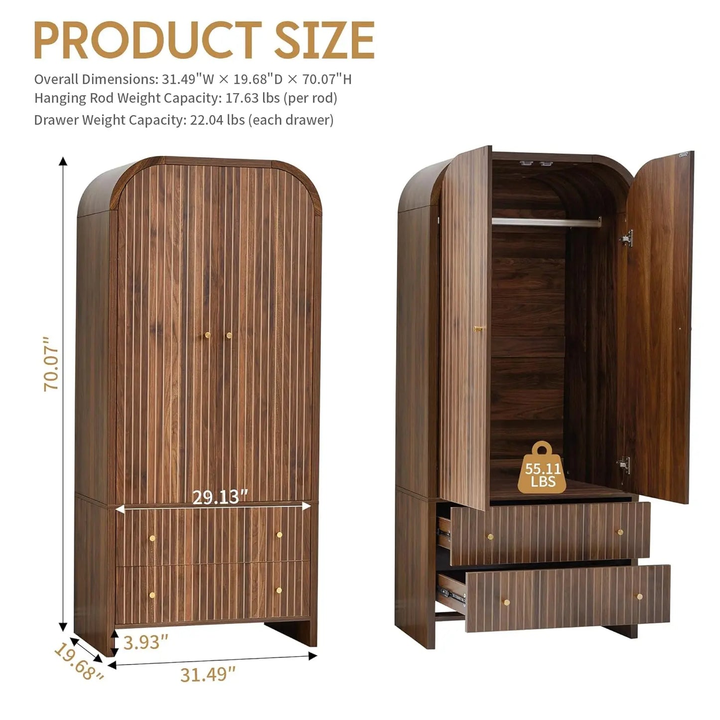 Mid-Century Modern 2-Door Freestanding Wardrobe with Hanging Rod and 2 Drawers