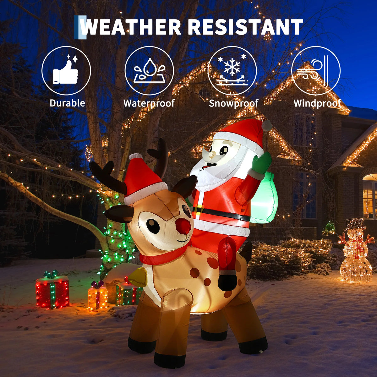 7FT Giant Santa Claus Riding Reindeer with Built-in Bright LED Lights Self Inflating