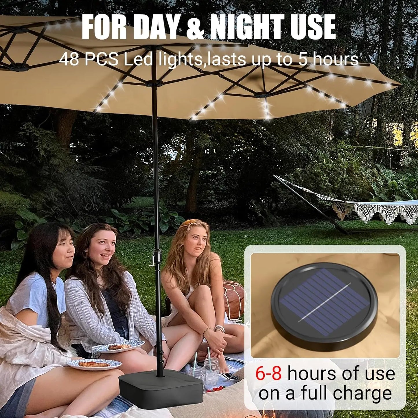 LEVELEVE 15 Foot Large Patio Patio Umbrella with Base & Solar LED Lights