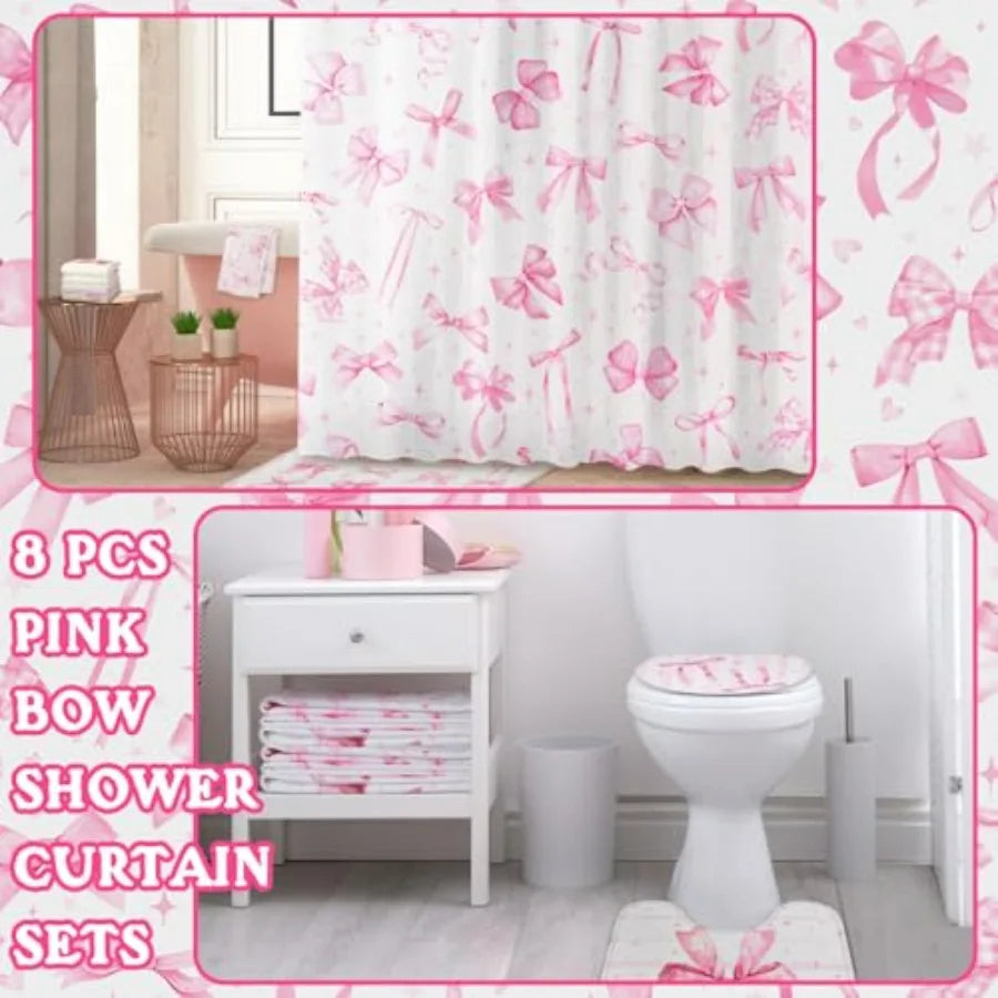 8 Pcs Pink Bow Shower Curtain Set for Girls Bathroom