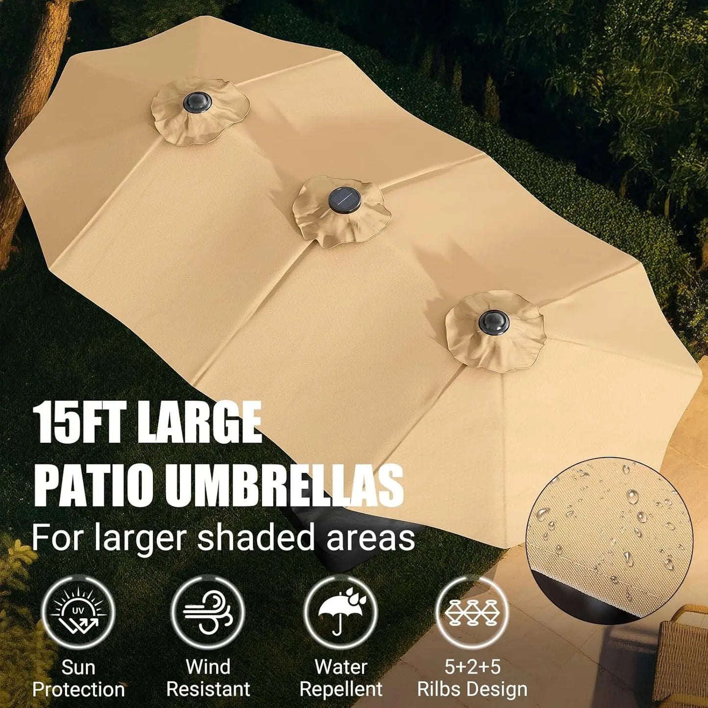 LEVELEVE 15 Foot Large Patio Patio Umbrella with Base & Solar LED Lights
