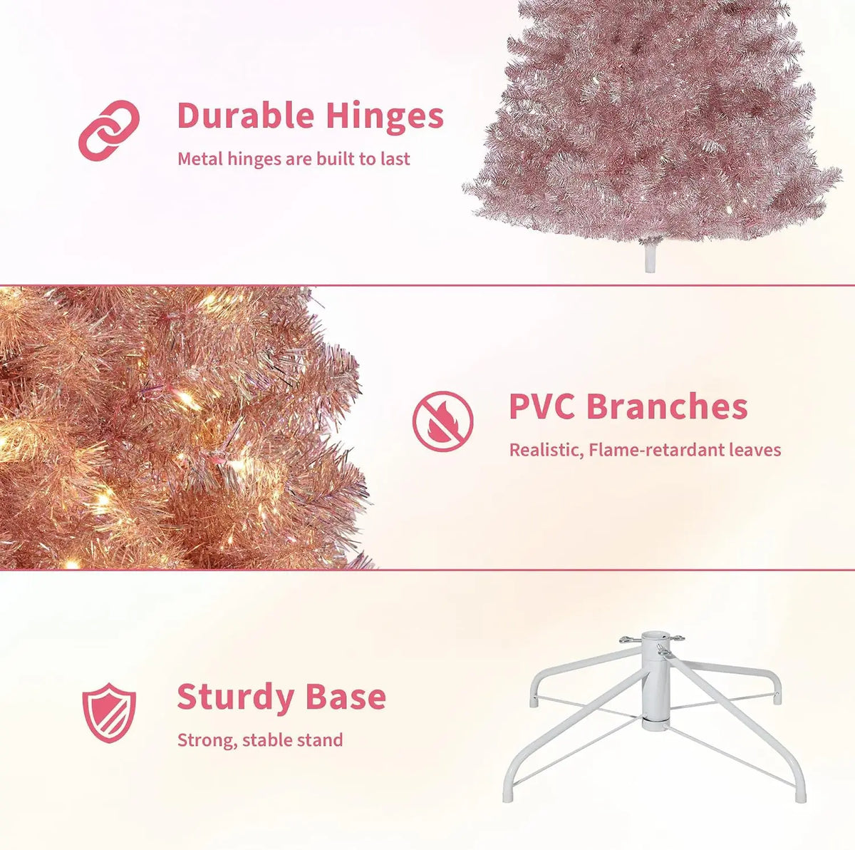 6ft or 7ft Pre-Lit Rose Gold Christmas Tree – Artificial Slim Pencil Tree with Realistic Branch Tips