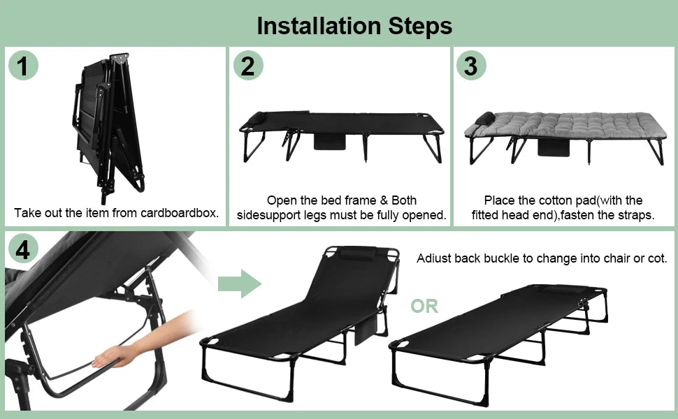 3 Position Portable Folding Camping Cot With Pillow 26.7 Inches Wide 74 Inches Long