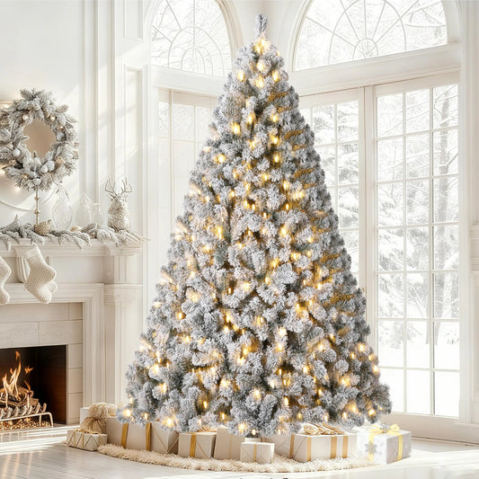 6FT Or 7.5FT Flocked Artificial Christmas Tree with Snowy Warm White LED Lights