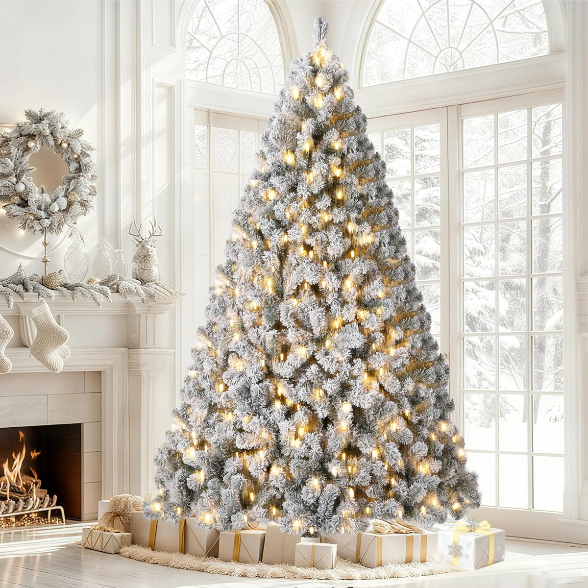 6FT Or 7.5FT Flocked Artificial Christmas Tree with Snowy Warm White LED Lights