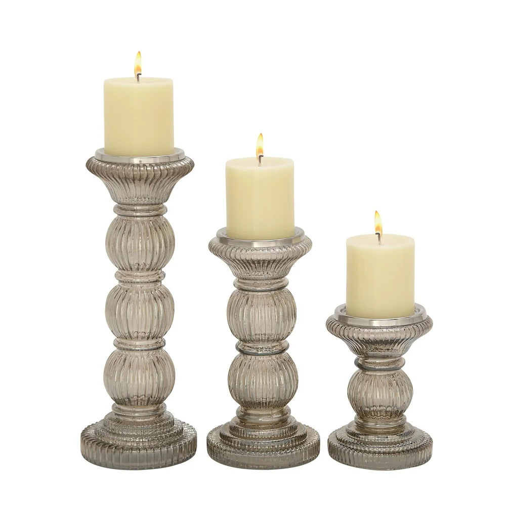 Set of 3 Gray Glass Pillar Candle Holders