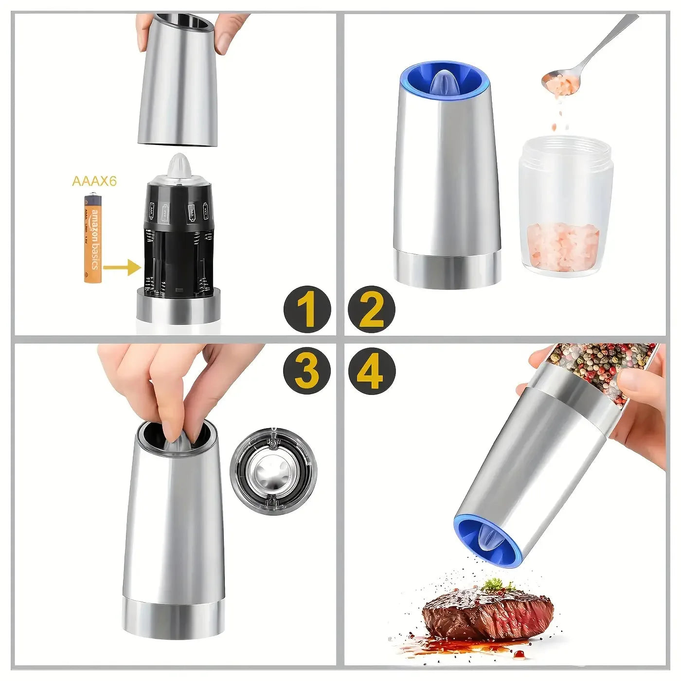 2-piece Battery Powered Grinder for Salt and Pepper