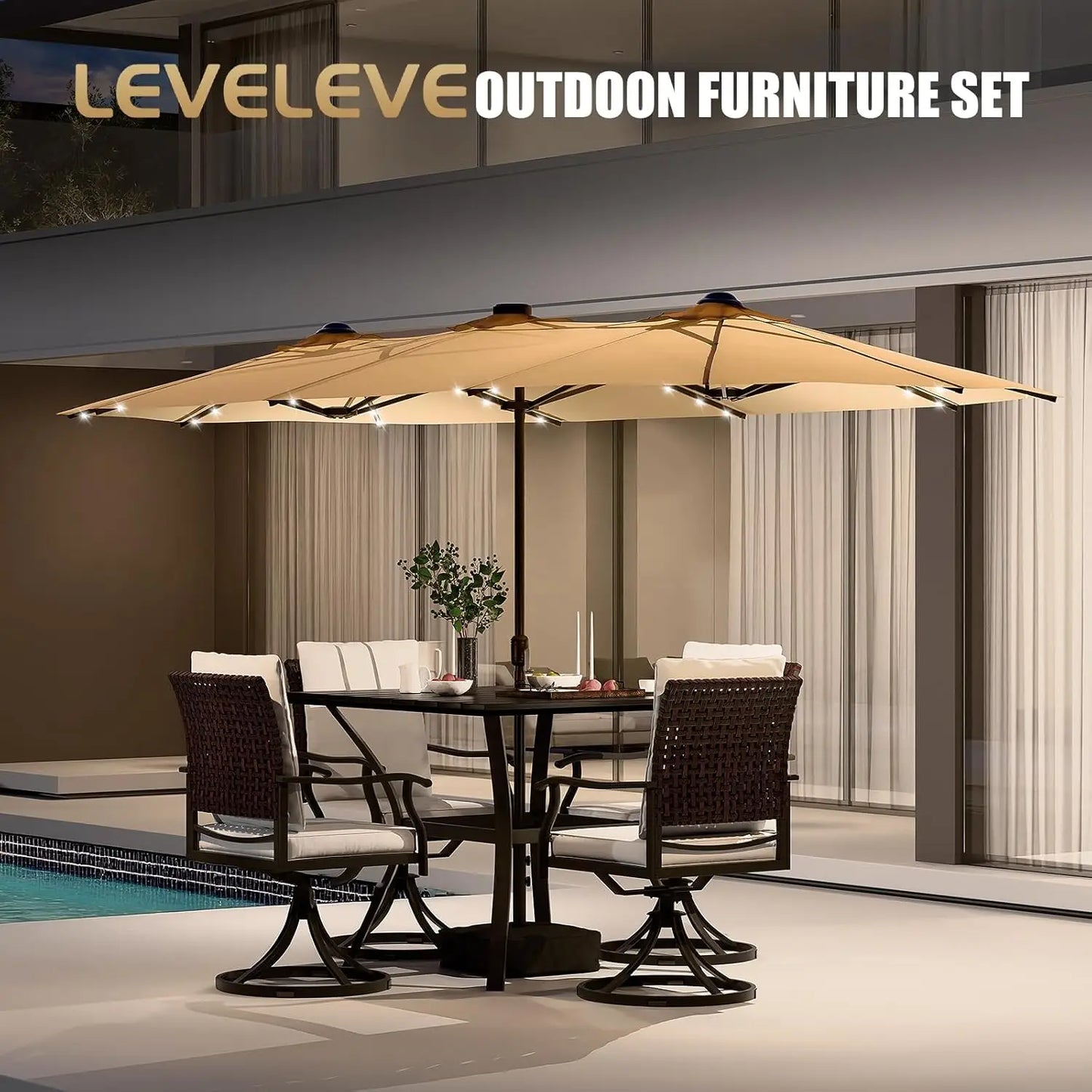 LEVELEVE 15 Foot Large Patio Patio Umbrella with Base & Solar LED Lights
