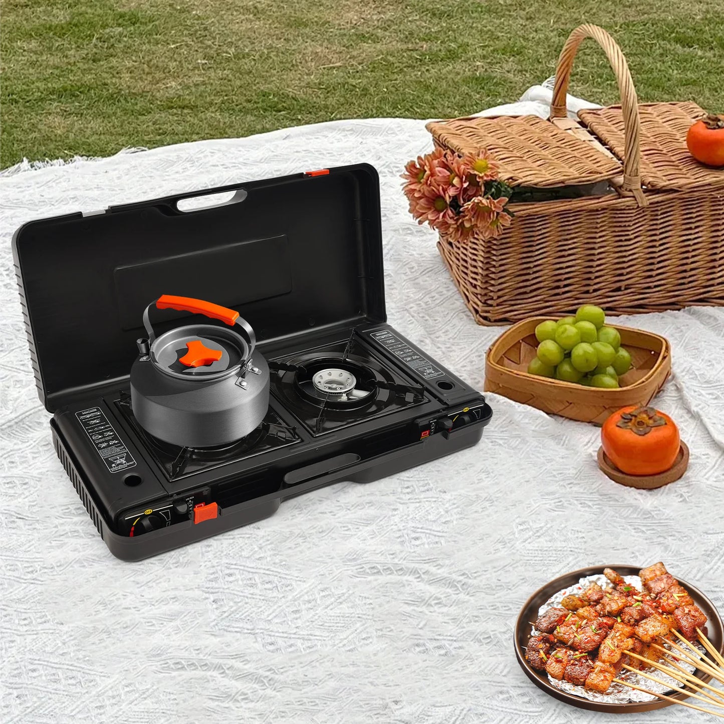 2500W Portable Camping Stove With 2 Burners And Baking Tray