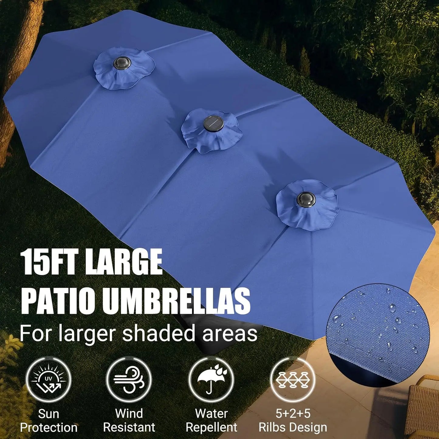 LEVELEVE 15 Foot Large Patio Patio Umbrella with Base & Solar LED Lights