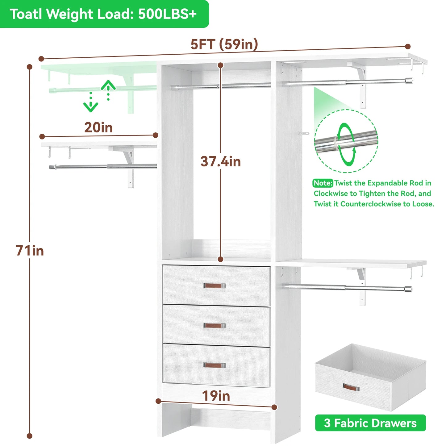 5FT Small Closet System with Drawers and Adjustable Shelves