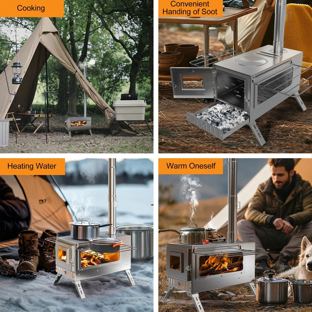 Portable Wood Burning Stainless Steel Stove with 7 Chimney Pipes