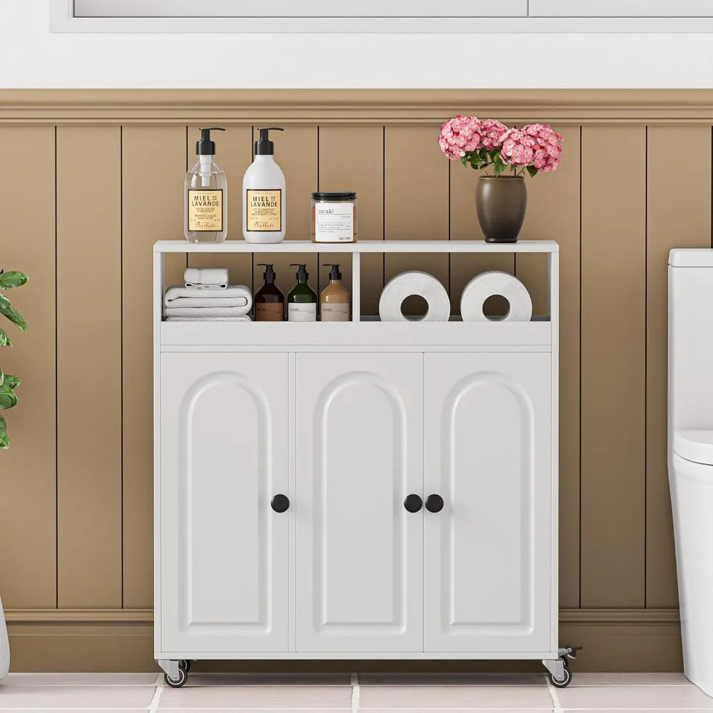 27.7 Inch Tall Rolling Bathroom Storage Cart with 3 Doors