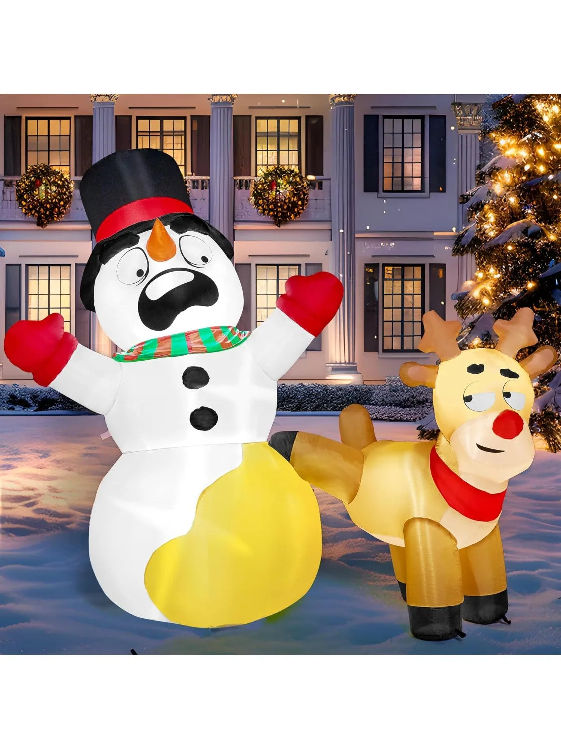 6.6 FT Long Christmas Inflatable Decoration Reindeer Peeing on Snowman with Build-in LED