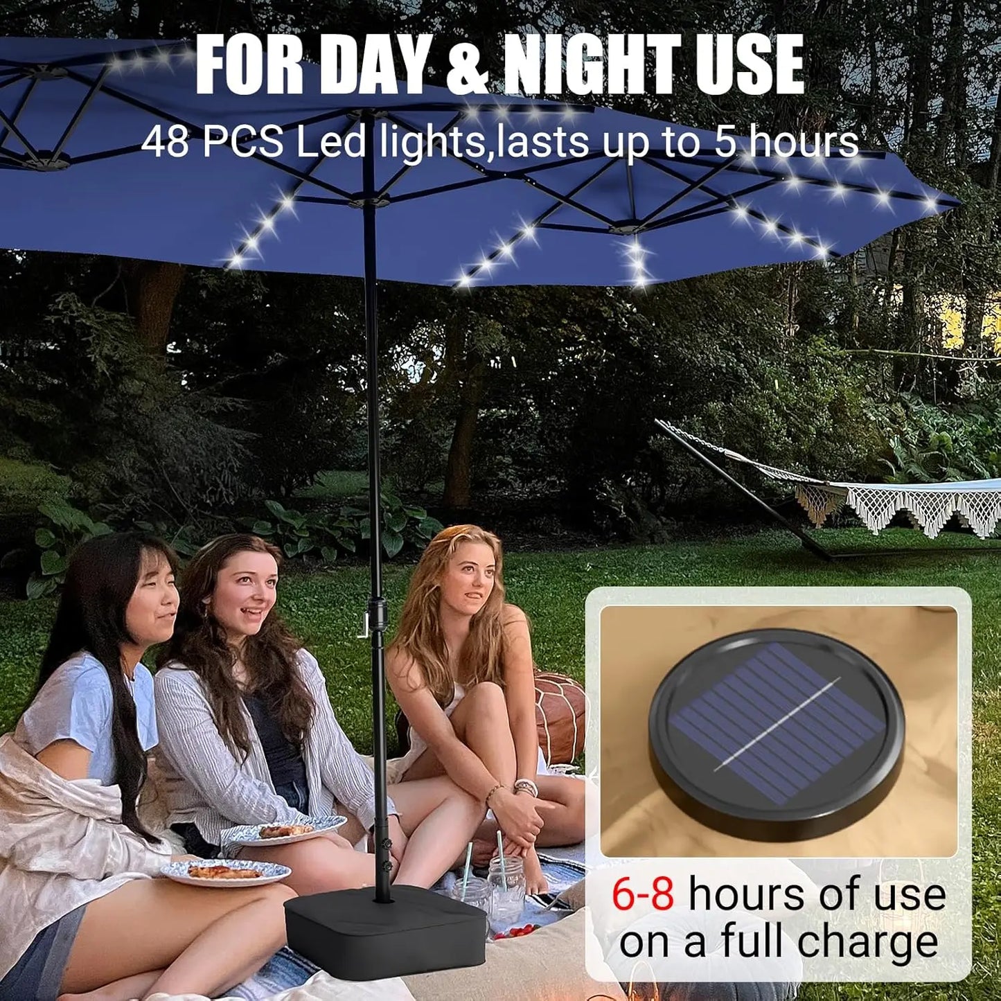 LEVELEVE 15 Foot Large Patio Patio Umbrella with Base & Solar LED Lights