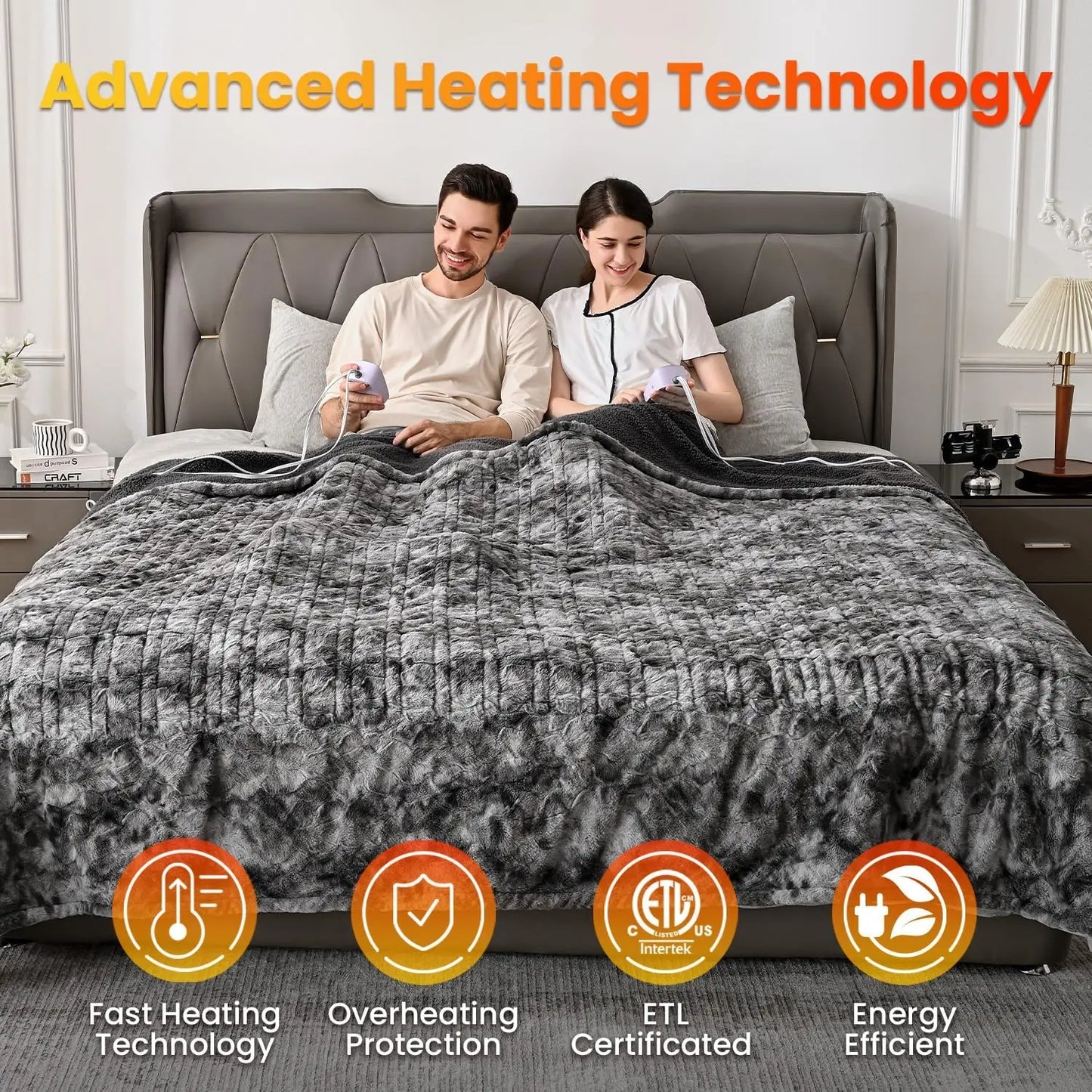 King Size Faux Fur Electric Blanket with Dual Control, 10 Heat Levels & Auto Shut Off