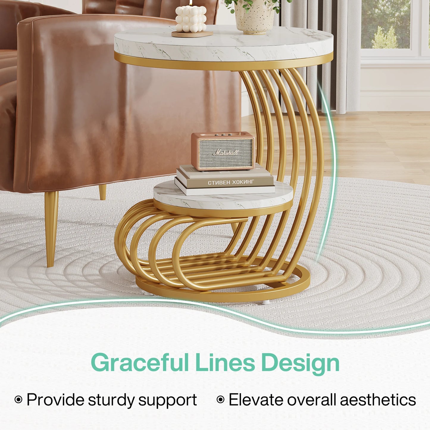 Tribesigns Gold Round End Table: 2 Tiers Faux Marble