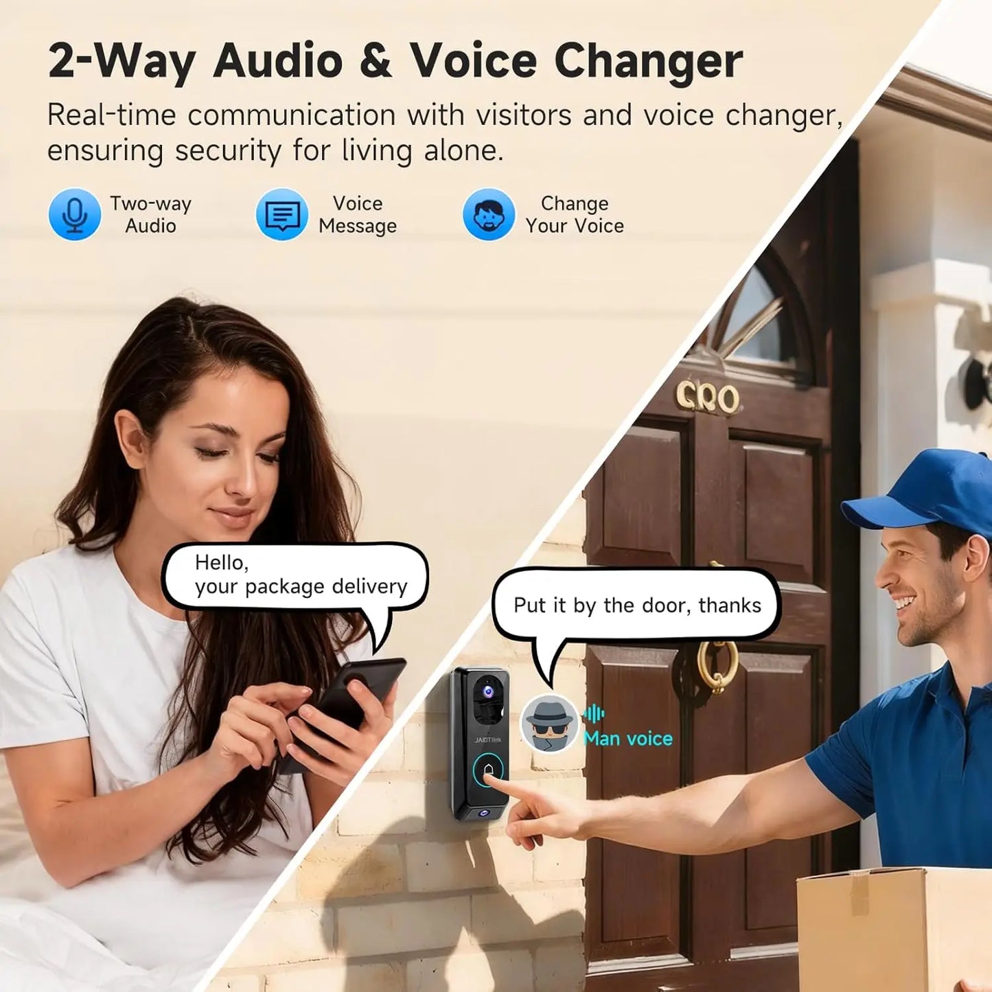 2K Dual Lens Wireless Doorbell Camera with Chime, 64GB SD Card, Voice Changer, WiFi, Package Protection