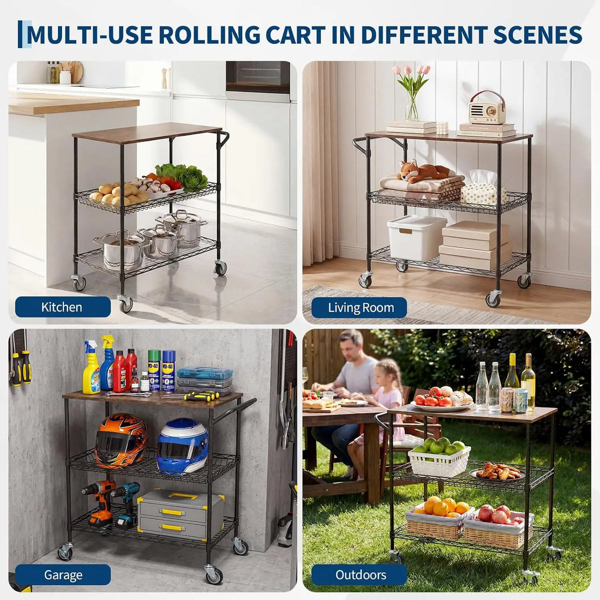 Tacleekii 3-Tier Rolling Utility Cart with Wood Top Metal Mesh Shelves 10 Hooks