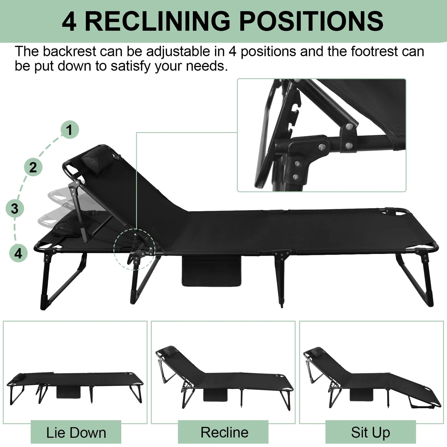 3 Position Portable Folding Camping Cot With Pillow 26.7 Inches Wide 74 Inches Long