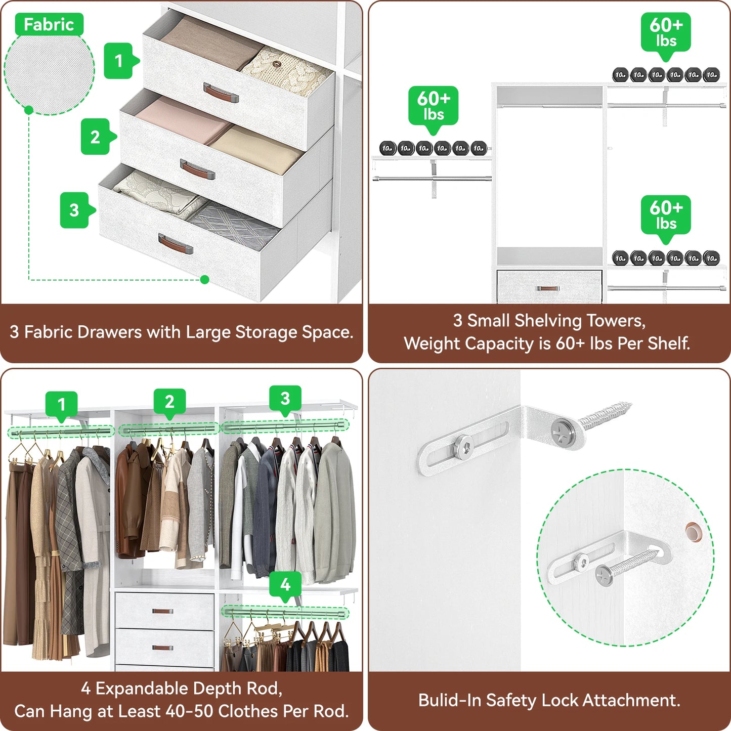 5FT Small Closet System with Drawers and Adjustable Shelves