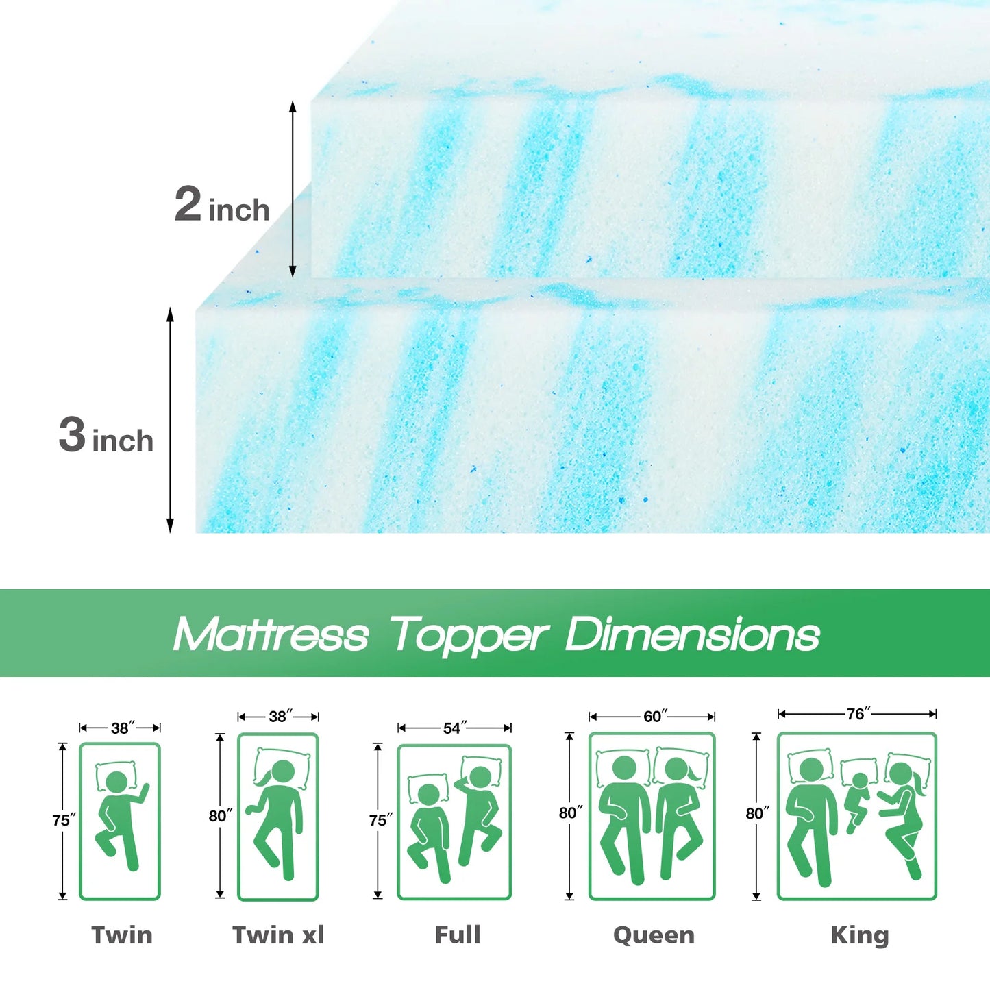 JHK 2 or 3 Inch Gel Memory Foam Cooling Mattress Topper
