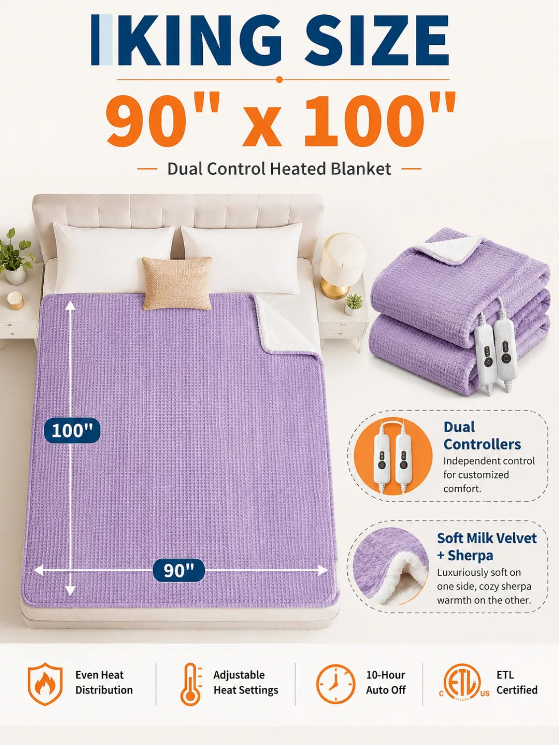 90" x 100" Heated Electric Blanket with 4 Heat Settings Auto Off Safety Protection Machine Washable