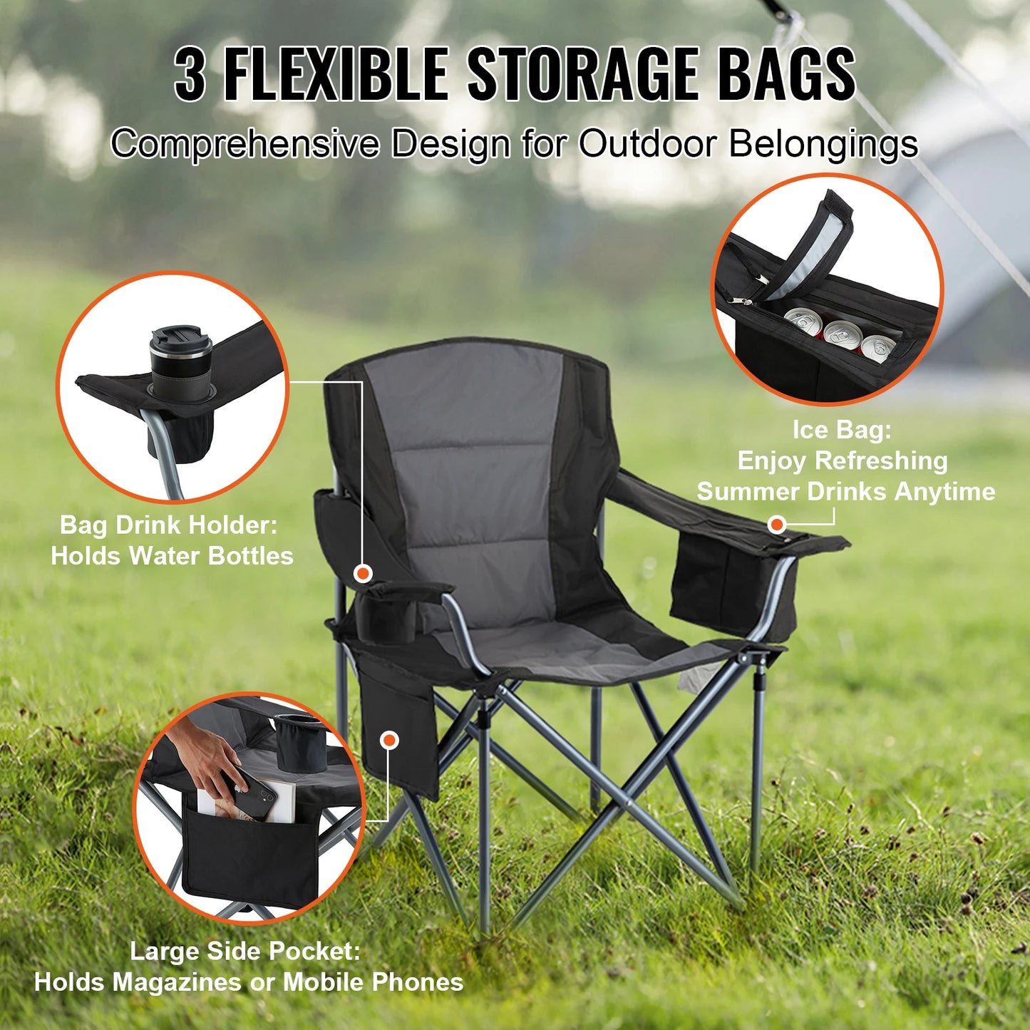 SucceBuy Camping Folding Chair for Adults With Quad Lumbar Back and Side Pockets for Beach, Lawn, Picnic